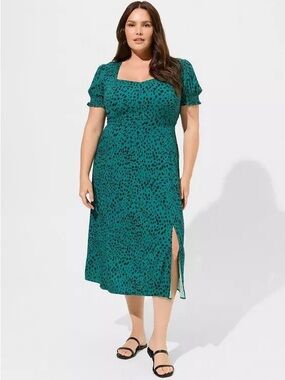 Torrid Women Teal Leopard Stretch Challis Sweetheart A-Line Midi Dress 1 Plus